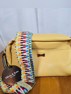 Olivia & Kate Yellow Leather Crossbody Bag with Colorful Woven Strap